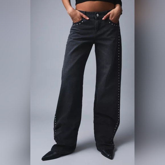 Bershka Denim - BERSHKA | Women's Black Wash Studded Low-Rise Baggy Jeans